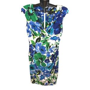 Lauren Ralph Lauren Blue Green Floral Ruched Sheath Dress V-Neck Womens 8